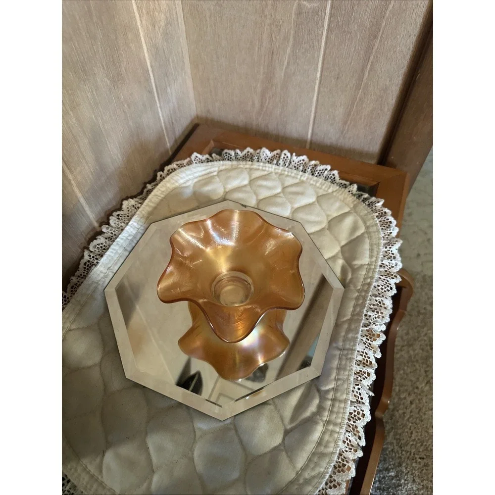 vintage Fenton carnival glass hat‎ vase in a marigold (iridescent orange) color.